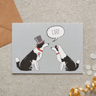 Border Collie wedding card featuring a charming bride and groom with an ‘I DO!’ message, perfect for celebrating a dog-loving couple’s special day