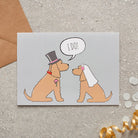 Golden Cocker Spaniel wedding card featuring a charming bride and groom with an ‘I DO!’ message, perfect for celebrating a dog-loving couple’s special day