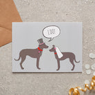Lurcher wedding card featuring a charming bride and groom with an ‘I DO!’ message, perfect for celebrating a dog-loving couple’s special day