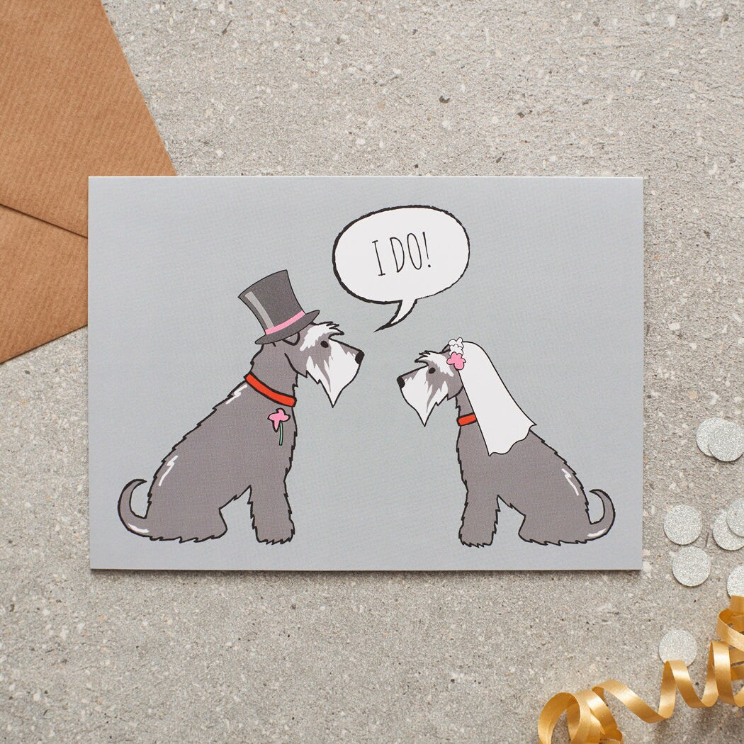 Salt & Pepper Schnauzer wedding card featuring a charming bride and groom with an ‘I DO!’ message, perfect for celebrating a dog-loving couple’s special day