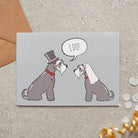 Salt & Pepper Schnauzer wedding card featuring a charming bride and groom with an ‘I DO!’ message, perfect for celebrating a dog-loving couple’s special day