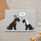 Black Schnauzer wedding card featuring a charming bride and groom with an ‘I DO!’ message, perfect for celebrating a dog-loving couple’s special day