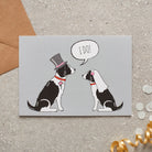Black & White Springer Spaniel wedding card featuring a charming bride and groom with an ‘I DO!’ message, perfect for celebrating a dog-loving couple’s special day