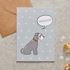 Salt & Pepper Schnauzer congratulations card featuring a charming illustrated Grey Schnauzer with a ‘Congratulations!’ message and white stars, perfect for celebrating a dog lover’s good news