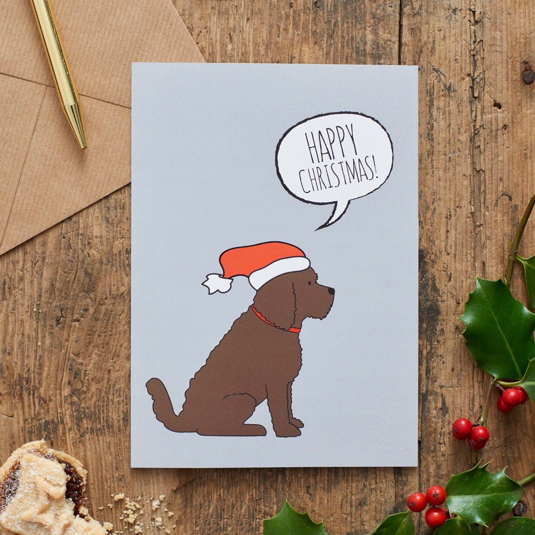 Chocolate Cockapoo / Labradoodle Christmas Card — illustrated dog lover greeting card by Sweet William Designs