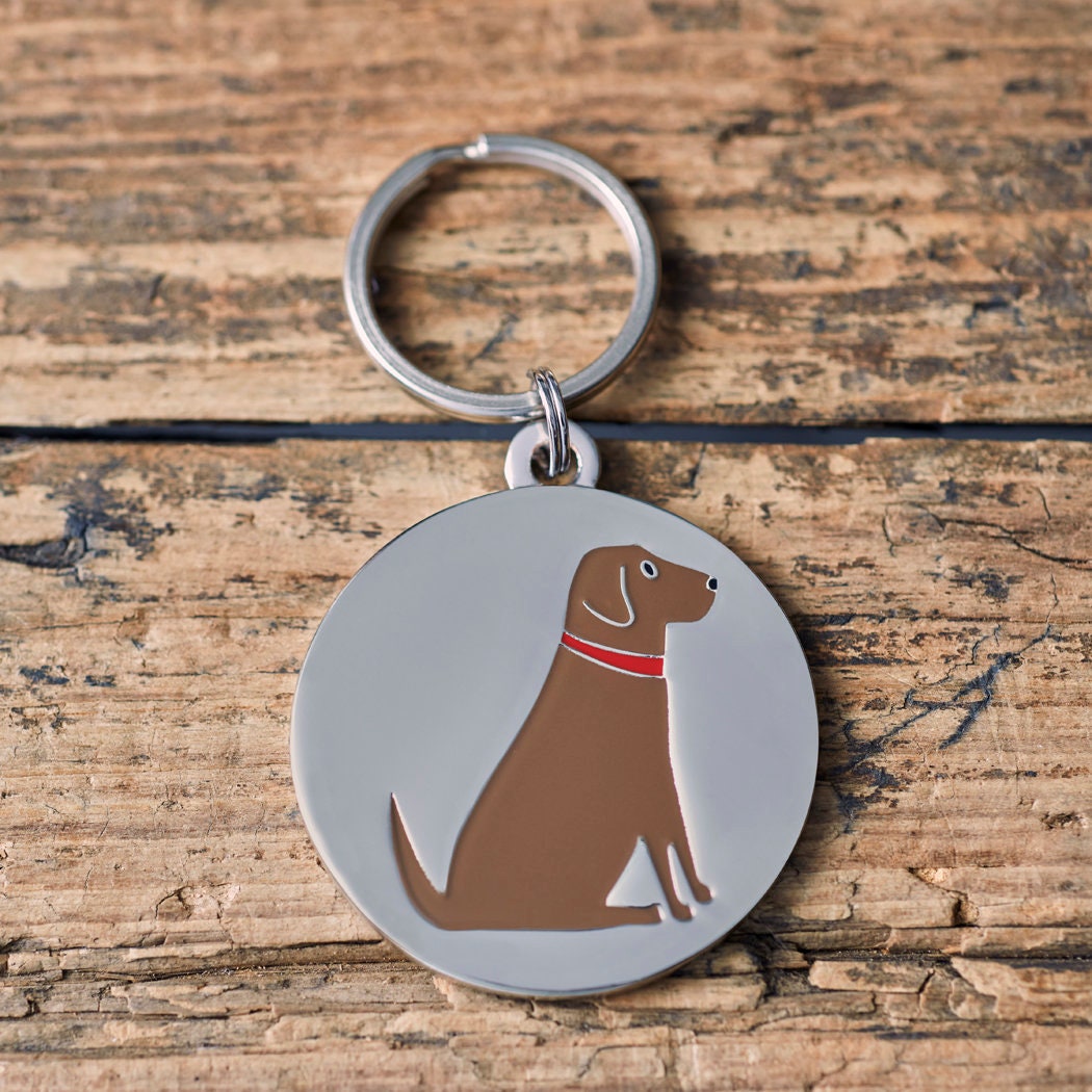 Close-up of Chocolate Labrador dog ID tag — silver-plated brass with signature Chocolate Labrador illustration, personalised dog tag by Sweet William Designs
