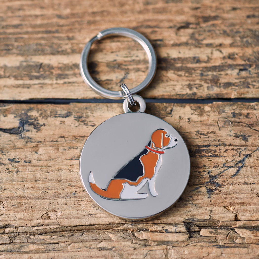 Close-up of Beagle dog ID tag — silver-plated brass with illustrated Beagle design, personalised dog tag by Sweet William Designs