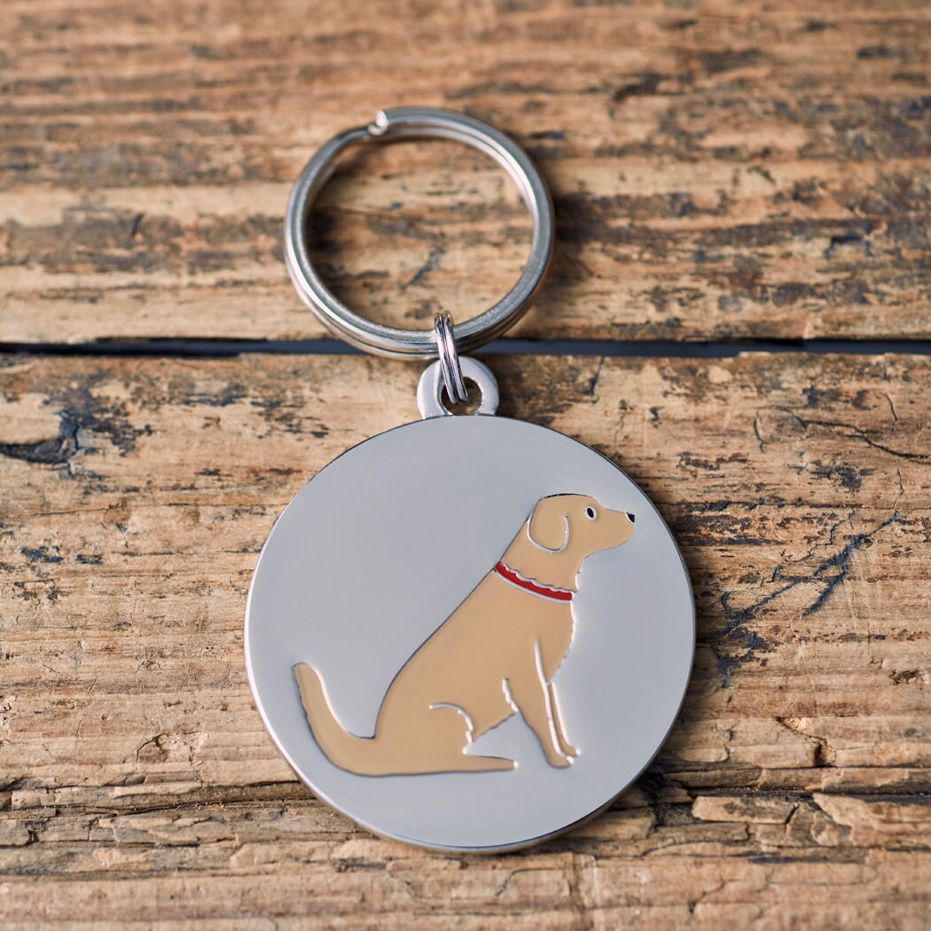 Close-up of Golden Retriever dog ID tag — silver-plated brass with illustrated Golden Retriever design, personalised dog tag by Sweet William Designs