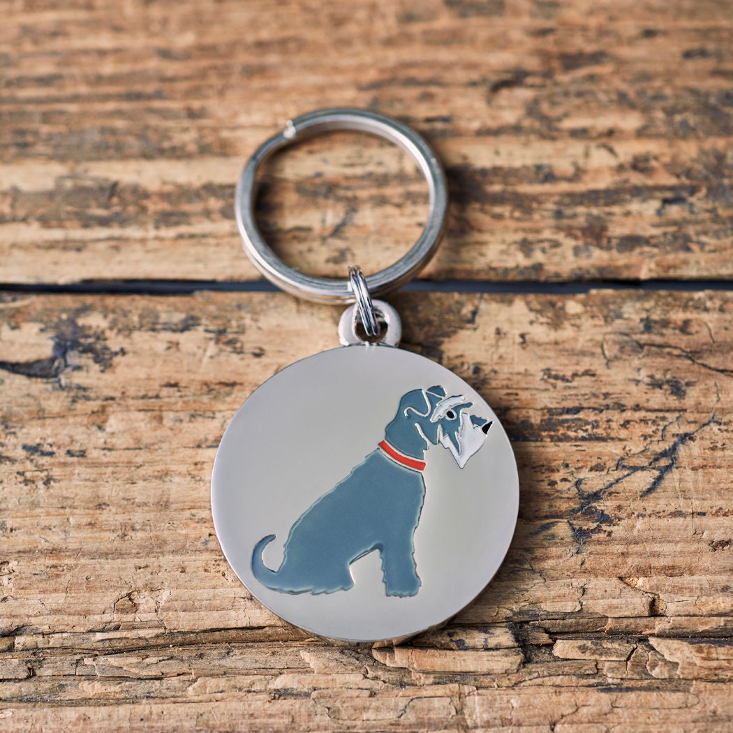 Close-up of grey Schnauzer dog ID tag — silver-plated brass with illustrated Schnauzer design, personalised dog tag by Sweet William Designs