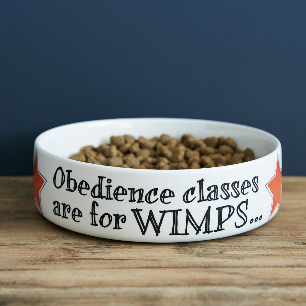 'Obedience Classes Are For Wimps' ceramic dog bowl — funny slogan dog bowl, dog lover gift by Sweet William Designs