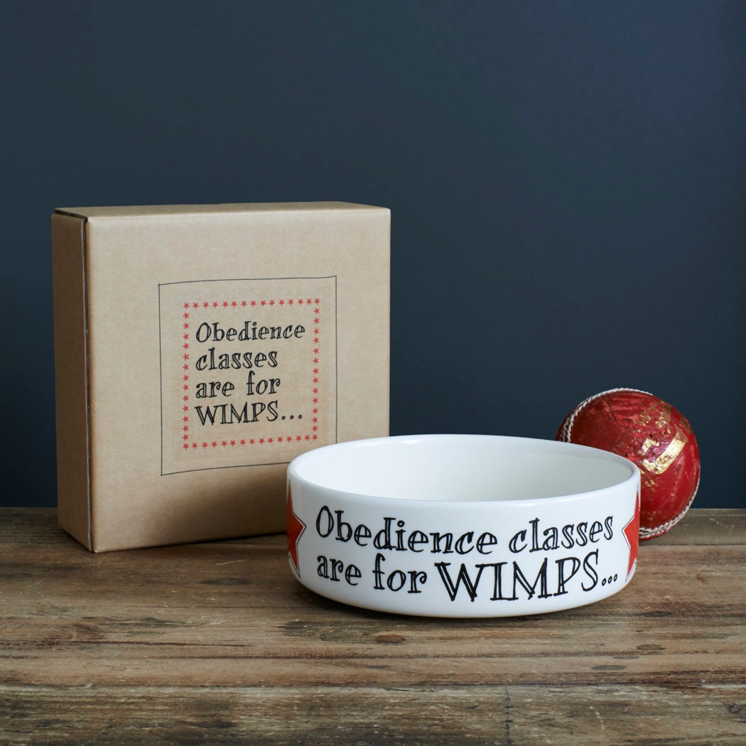 'Obedience Classes Are For Wimps' ceramic dog bowl with kraft gift box — dishwasher safe slogan dog bowl, dog lover gift by Sweet William Designs