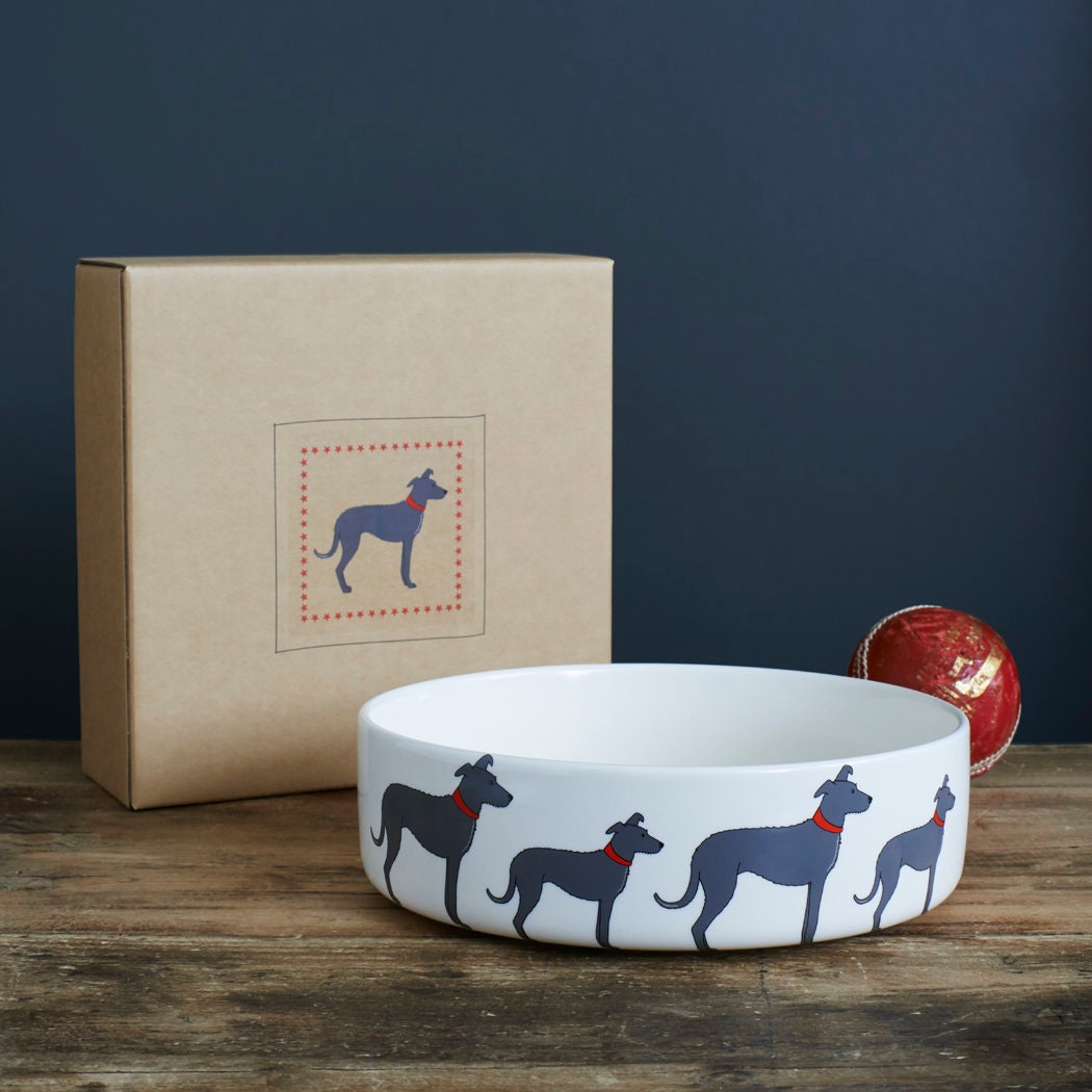 Lurcher ceramic dog bowl with kraft gift box — perfect gift for Lurcher lovers by Sweet William Designs