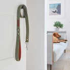 Green tweed dog lead with vegan leather-lined handle and silver clasp