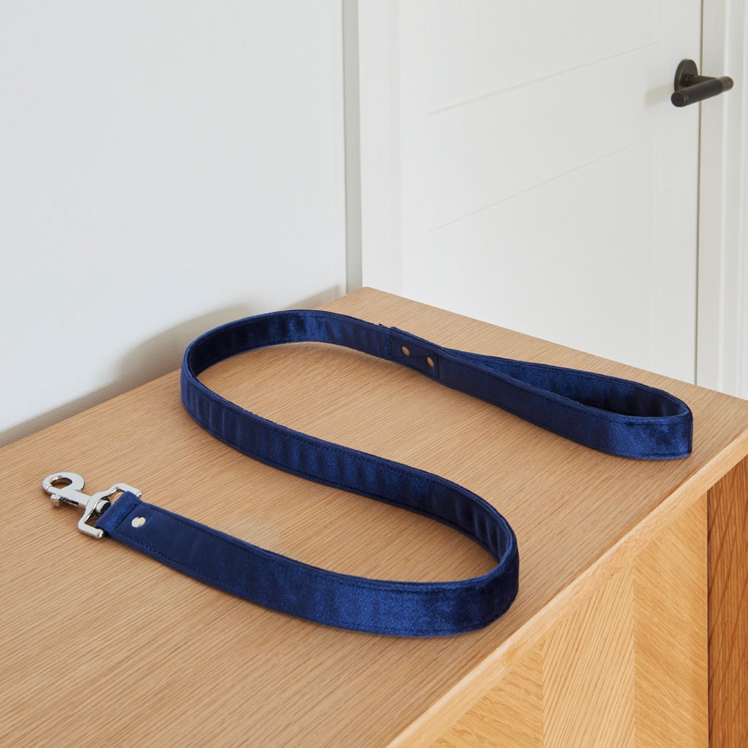Sweet William navy velvet dog lead stretched across a wooden table, showing its handle and silver clasp