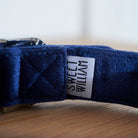 Close-up of the soft navy velvet lining and Sweet William label inside the dog collar
