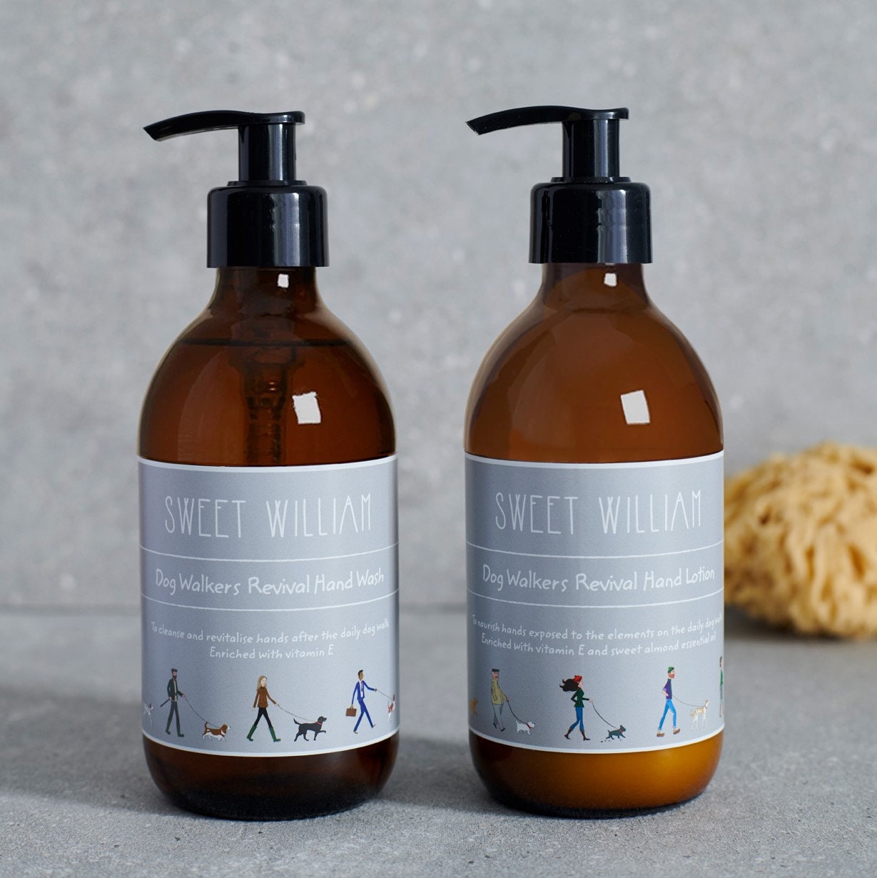 Dog Walkers Revival Hand Wash and Hand Lotion side by side in amber glass bottles — natural hand care duo, dog walker gift set by Sweet William Designs