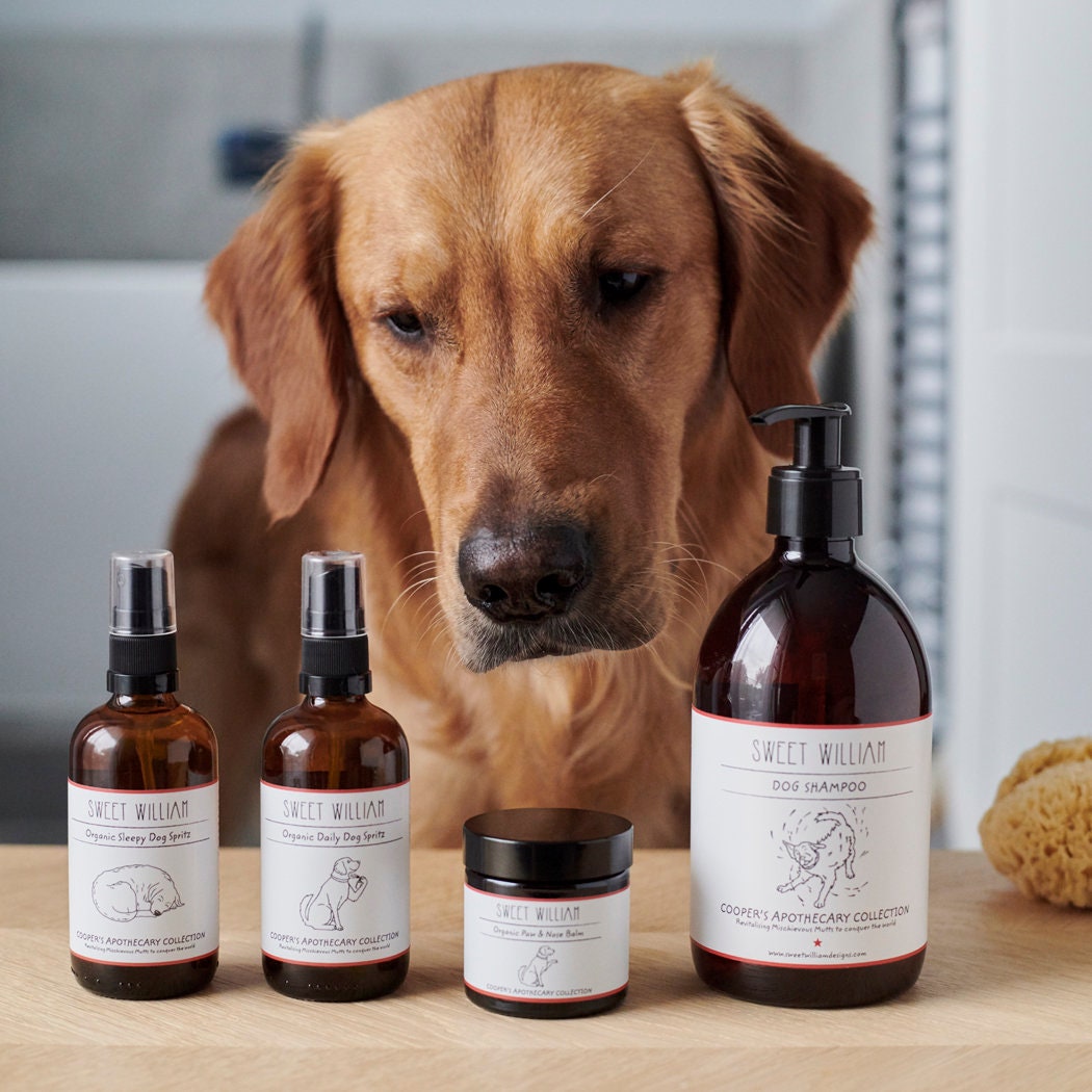 Cooper the Golden Retriever pictured with the Cooper’s Apothecary range, including Sleepy Dog Spritz, Daily Dog Spritz, paw balm and dog shampoo
