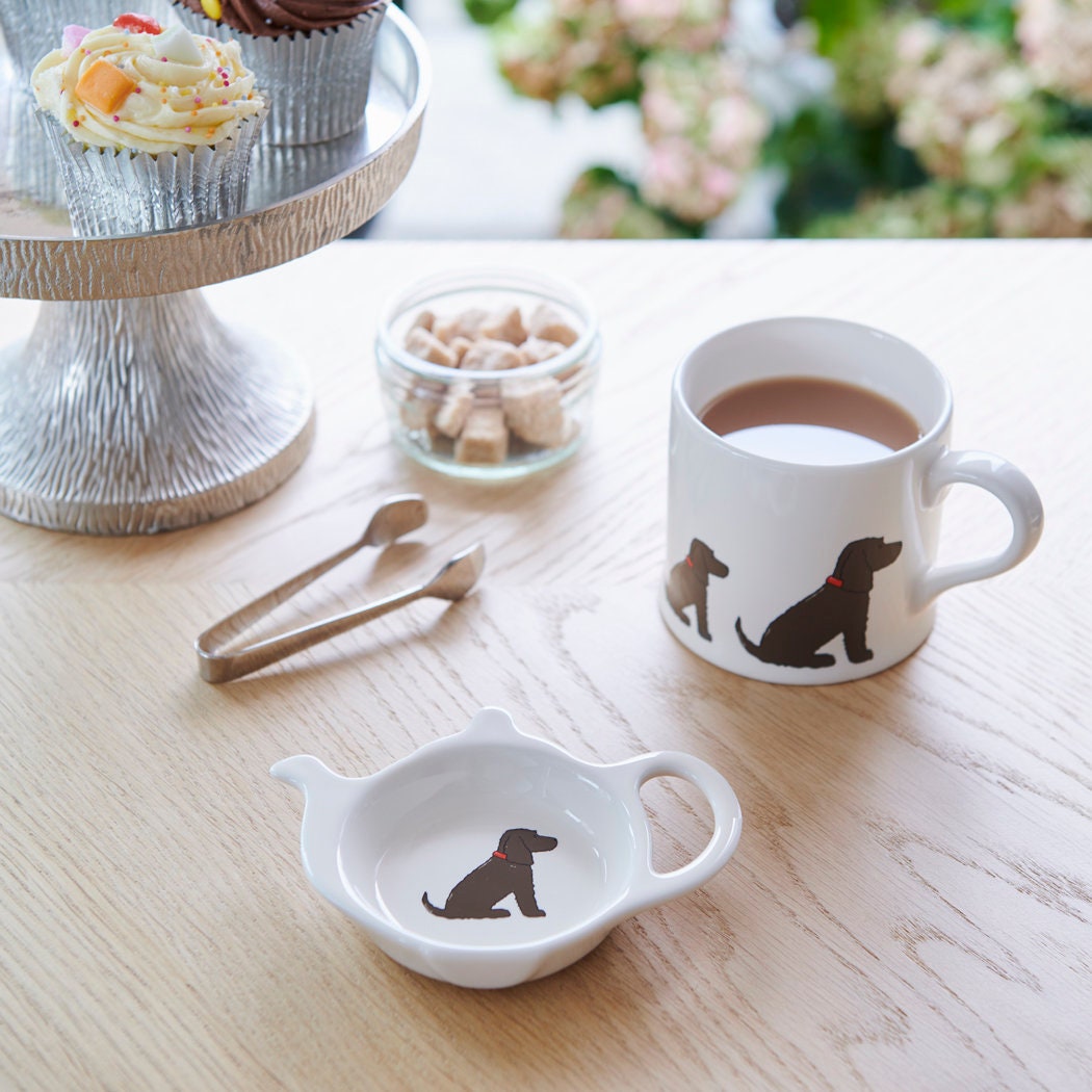 Chocolate Cocker Spaniel teabag dish styled on table setting with matching mug — dog lover gift by Sweet William Designs