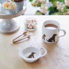 Chocolate Cocker Spaniel teabag dish styled on table setting with matching mug — dog lover gift by Sweet William Designs