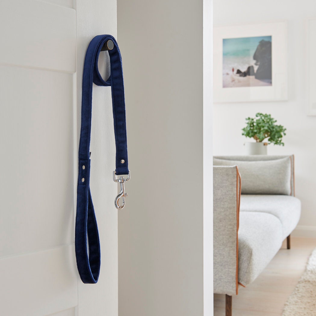 Navy velvet dog lead by Sweet William Designs hanging in a hallway, showing its soft handle and silver clasp