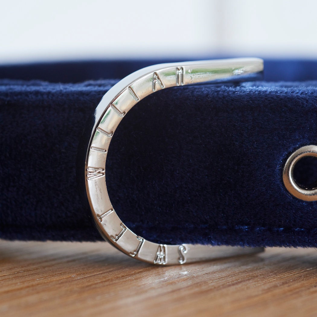Close-up of the silver Sweet William buckle on a soft navy velvet dog collar showing branding