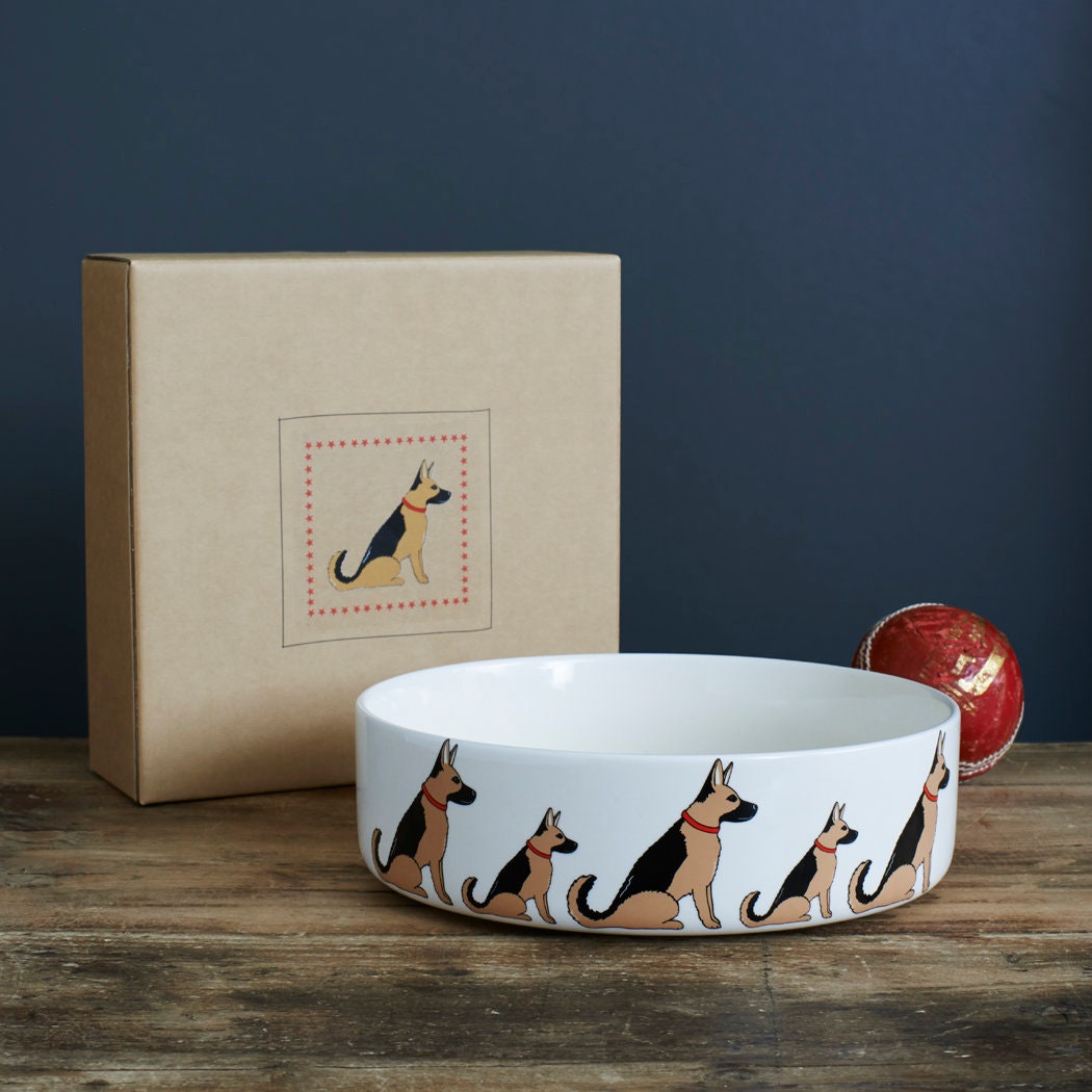German Shepherd ceramic dog bowl with kraft gift box — perfect gift for German Shepherd lovers by Sweet William Designs