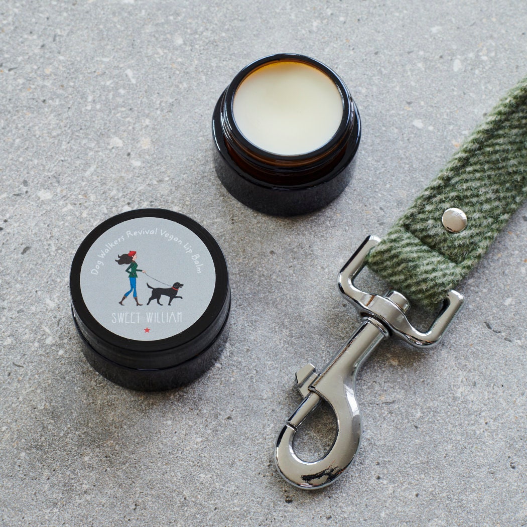Dog Walkers Revival Vegan Lip Balm with green tweed dog lead — vegan lip balm gift for dog walkers by Sweet William Designs
