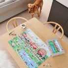 Dog Walkers of London jigsaw puzzle being assembled on a wooden table with a Cooper the golden retriever — 1000 piece London dog gift by Sweet William Designs
