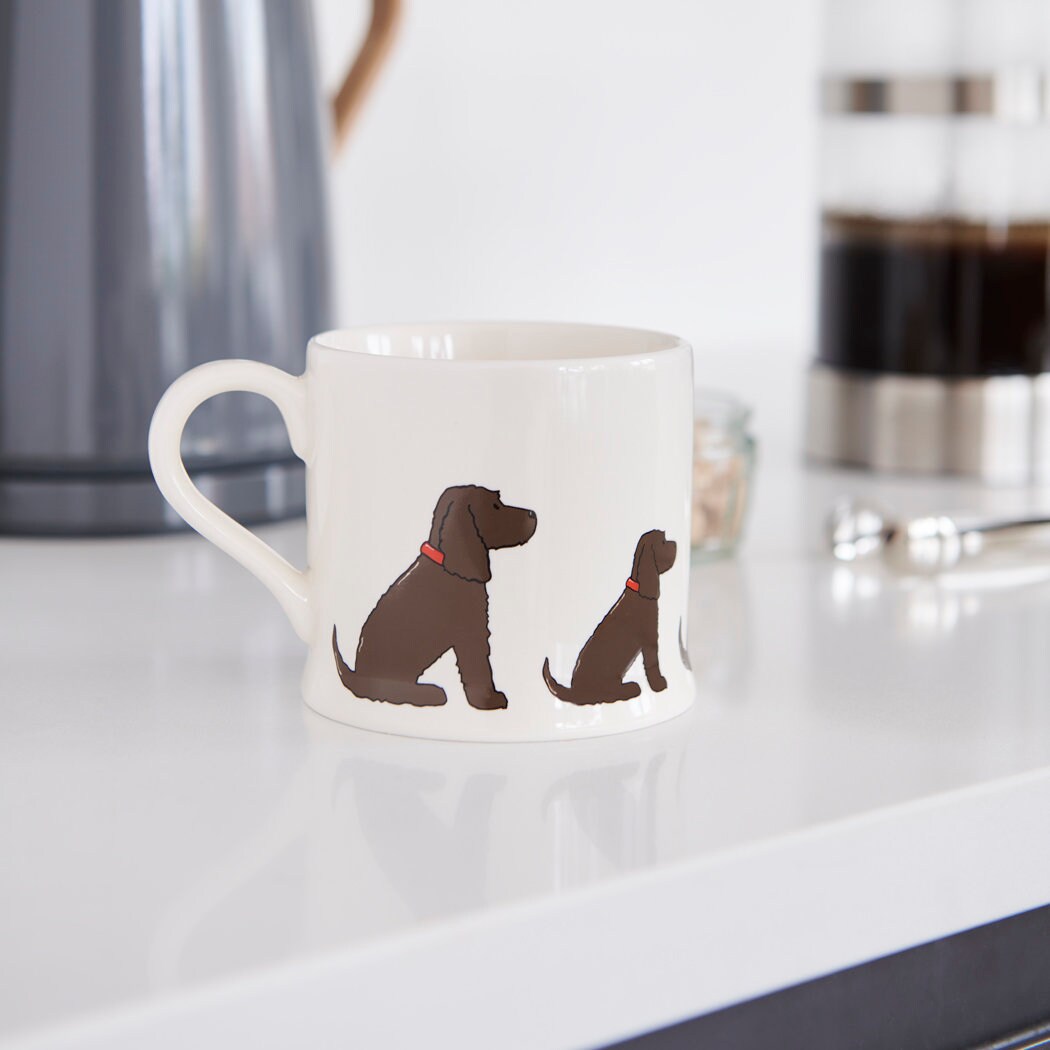 Sweet William Chocolate Cocker Spaniel Mug in a kitchen setting — illustrated Chocolate Cocker Spaniel ceramic mug