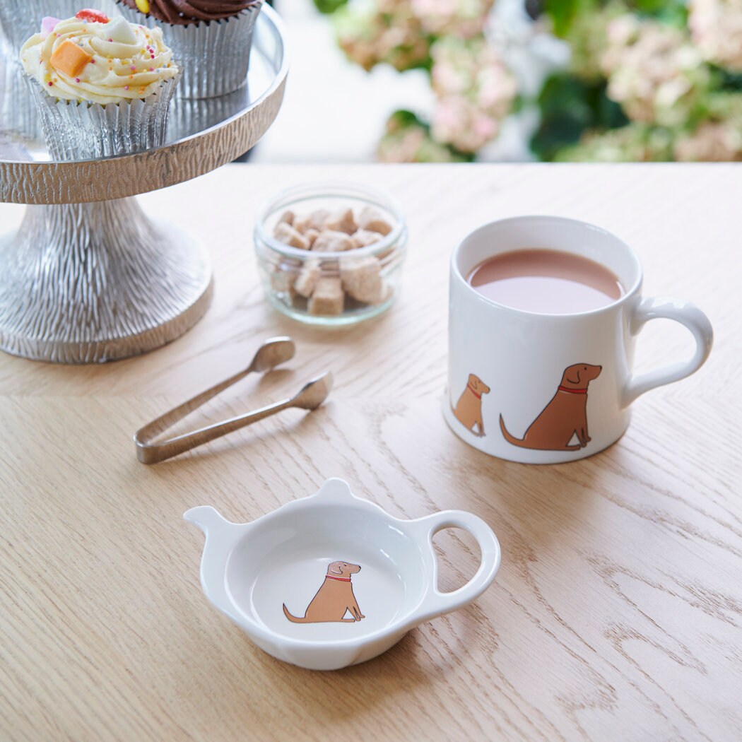 Fox Red Labrador teabag dish styled on table setting with matching mug — dog lover gift by Sweet William Designs