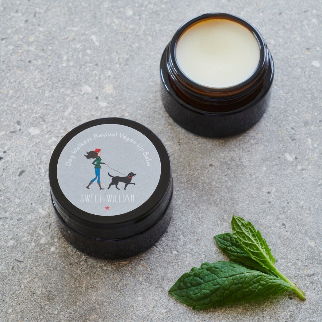 Dog Walkers Revival Vegan Lip Balm open amber glass pot with mint leaves — natural peppermint lip balm, dog walker gift by Sweet William Designs