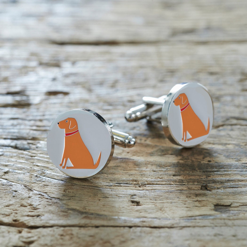 Fox Red Labrador cufflinks on rustic wood — silver-plated with illustrated Fox Red Lab design, dog lover gift by Sweet William Designs