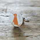 Close-up of personalised Fox Red Labrador cufflink engraved with name — silver-plated brass, thoughtful gift for Fox Red Lab owners