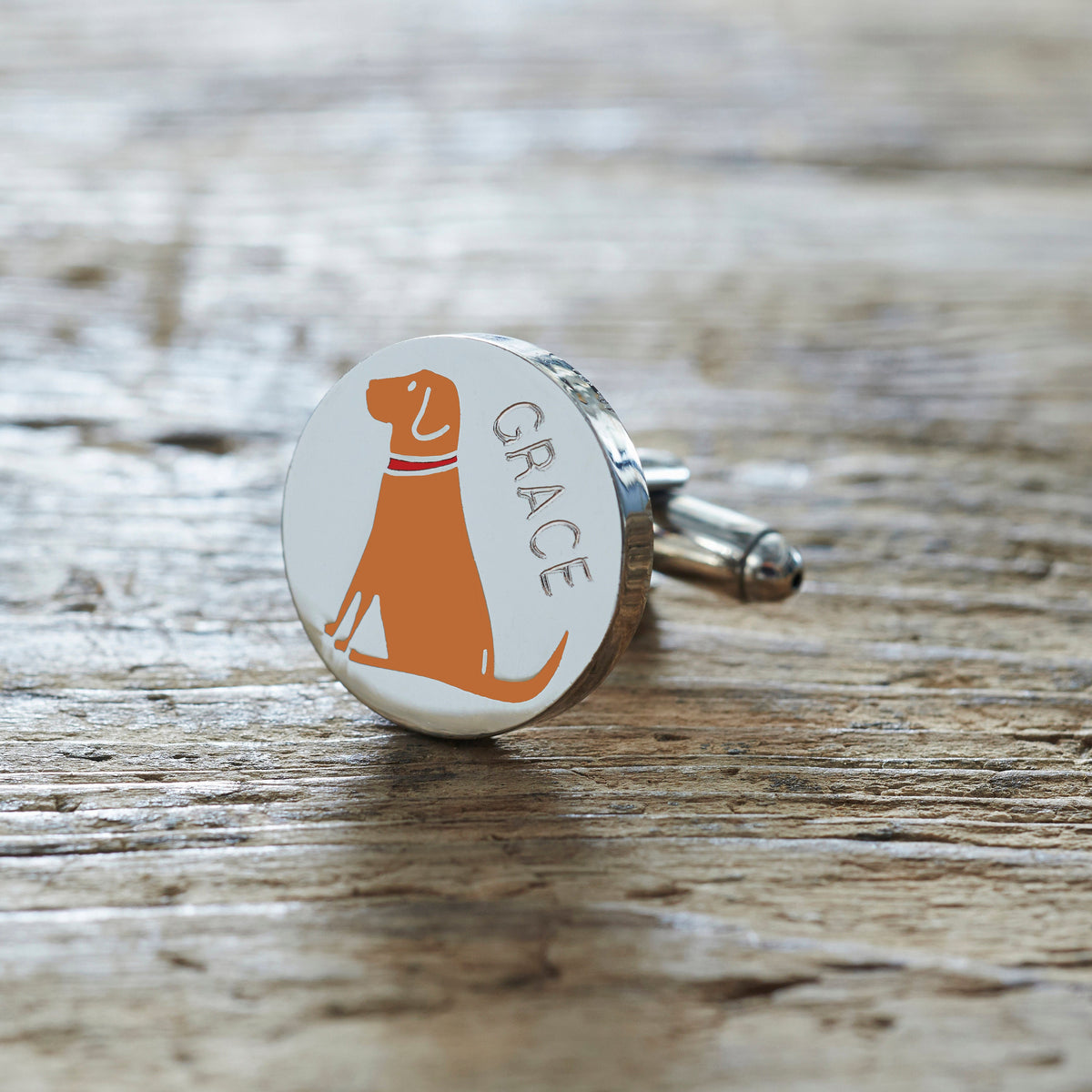 Close-up of personalised Fox Red Labrador cufflink engraved with name — silver-plated brass, thoughtful gift for Fox Red Lab owners
