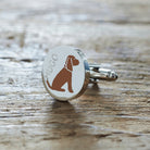 Close-up of personalised Chocolate Cocker Spaniel cufflink engraved with name — silver-plated brass, thoughtful gift for Cocker Spaniel owners