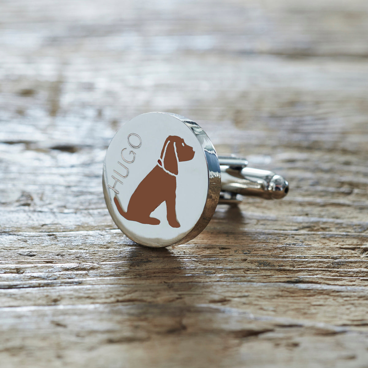 Close-up of personalised Chocolate Cocker Spaniel cufflink engraved with name — silver-plated brass, thoughtful gift for Cocker Spaniel owners