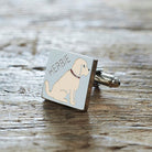 Close-up of personalised Apricot Cockapoo / Labradoodle cufflink engraved with name — silver-plated brass, thoughtful gift for Cockapoo owners