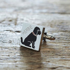 Close-up of personalised Black Cockapoo / Labradoodle cufflink engraved with name — silver-plated brass, thoughtful gift for Cockapoo owners