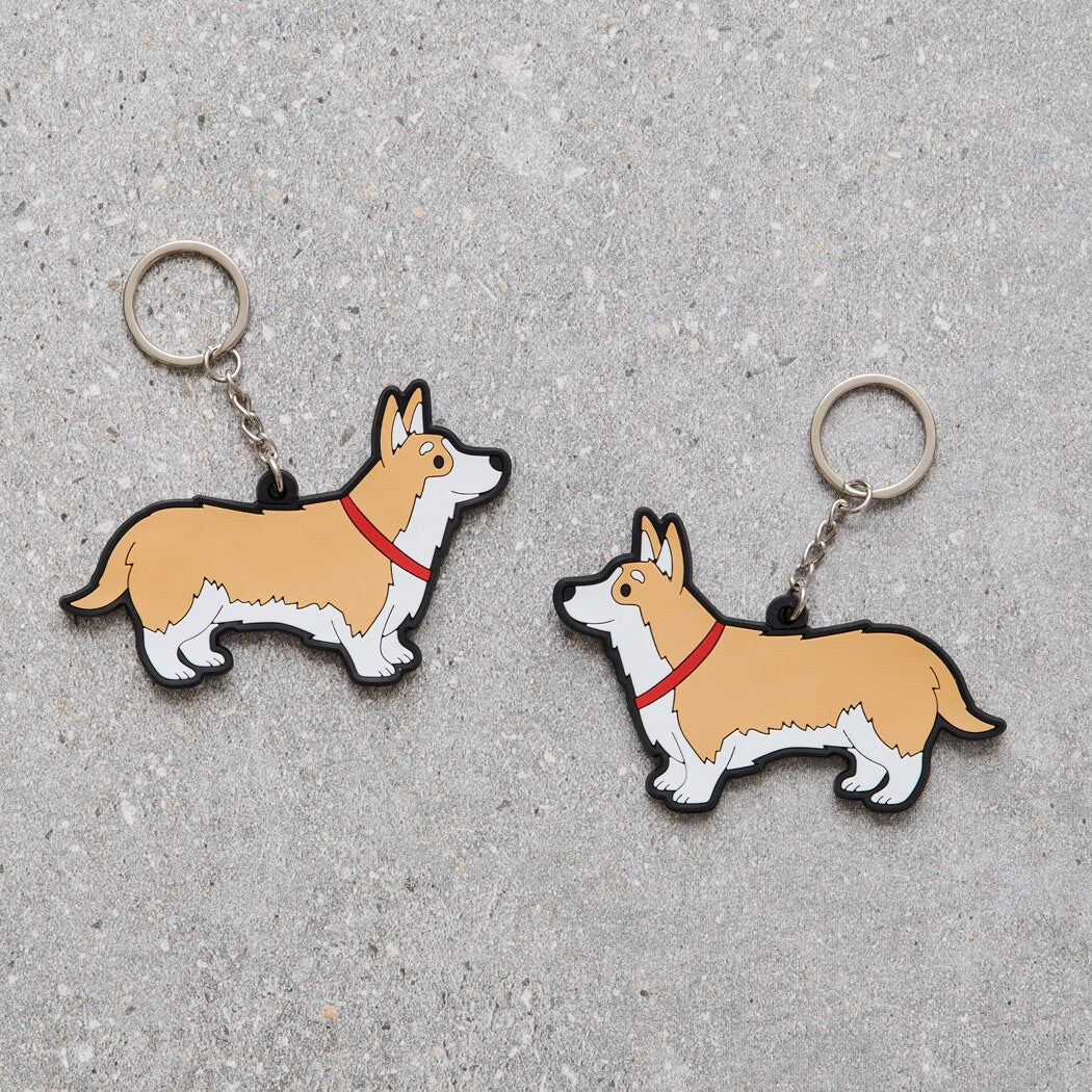 Corgi keyring showing both sides — double-sided PVC design with Sweet William's classic illustration