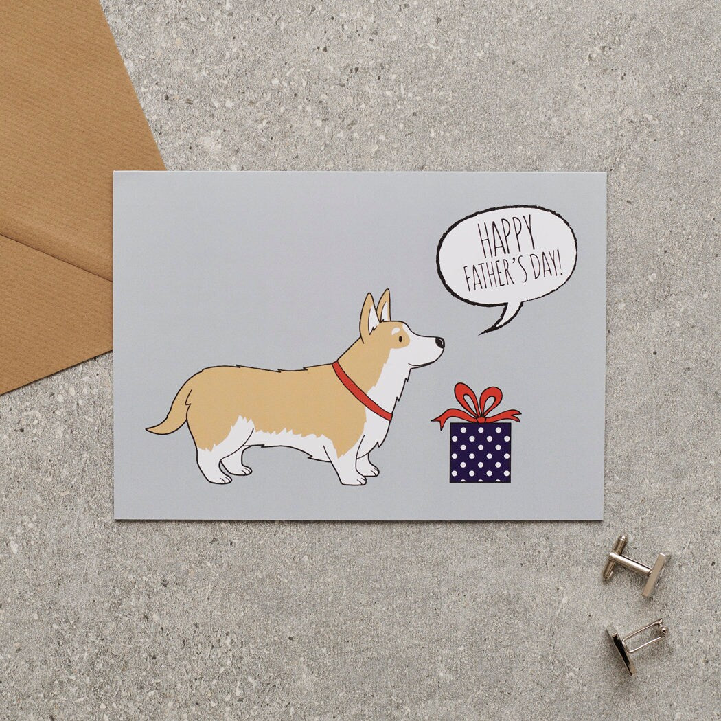 Corgi Father's Day card — illustrated dog with gift and 'Happy Father's Day' message, dog lover gift by Sweet William Designs