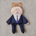 Boris Johnson parody dog toy in navy suit with blonde hair — funny squeaky dog toy, political satire gift for dog lovers