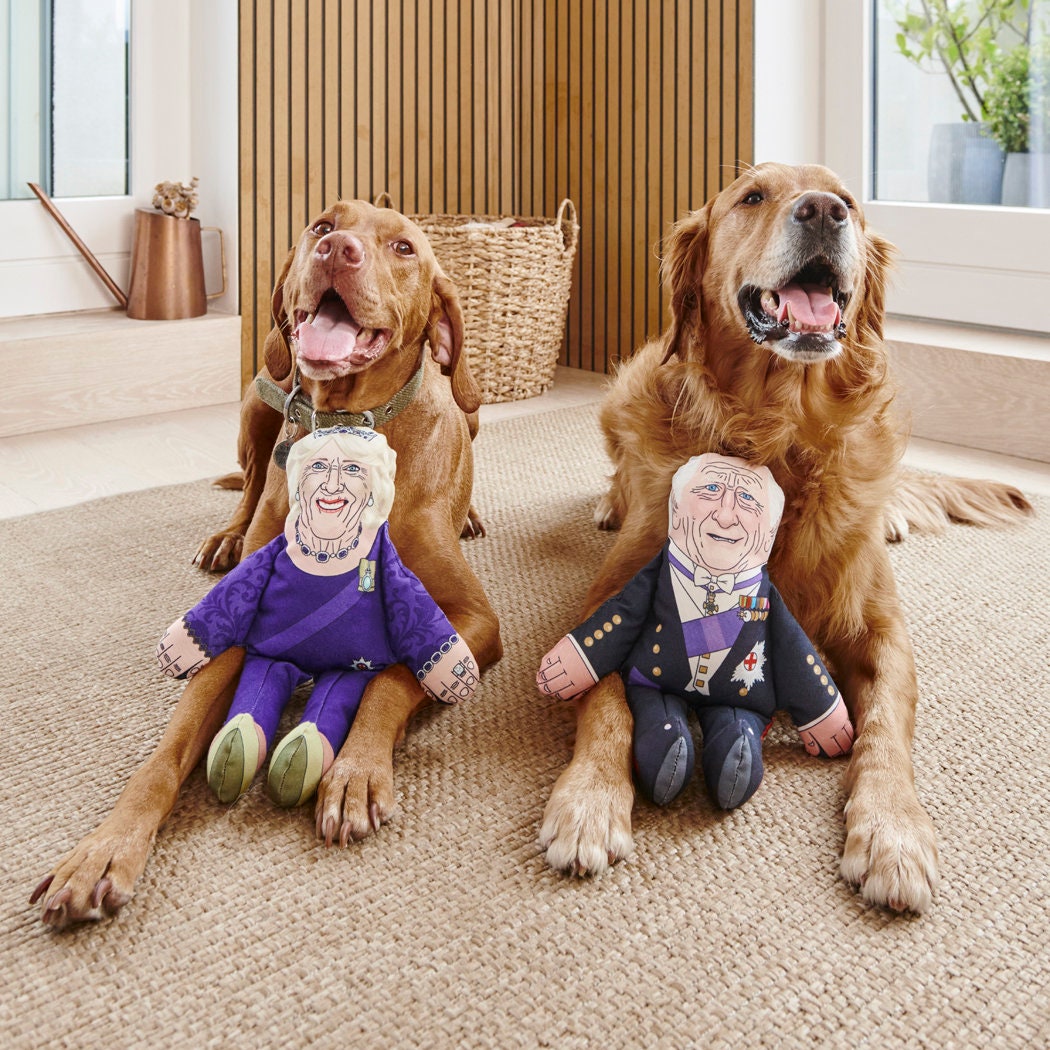 Vizsla and Golden Retriever with Queen Camilla and King Charles parody dog toys — funny royal family squeaky dog toys