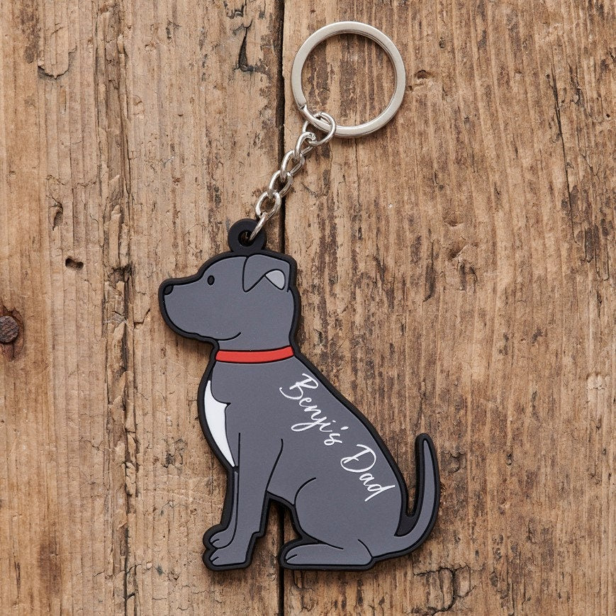 Staffie keyring shown on keys — double-sided PVC dog keyring, ideal Staffordshire Bull Terrier gift