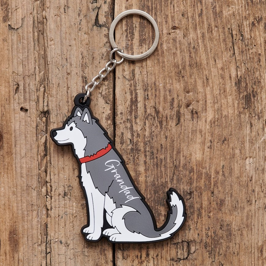 Husky keyring on bag — double-sided PVC charm, ideal personalised gift for Husky and Malamute lovers
