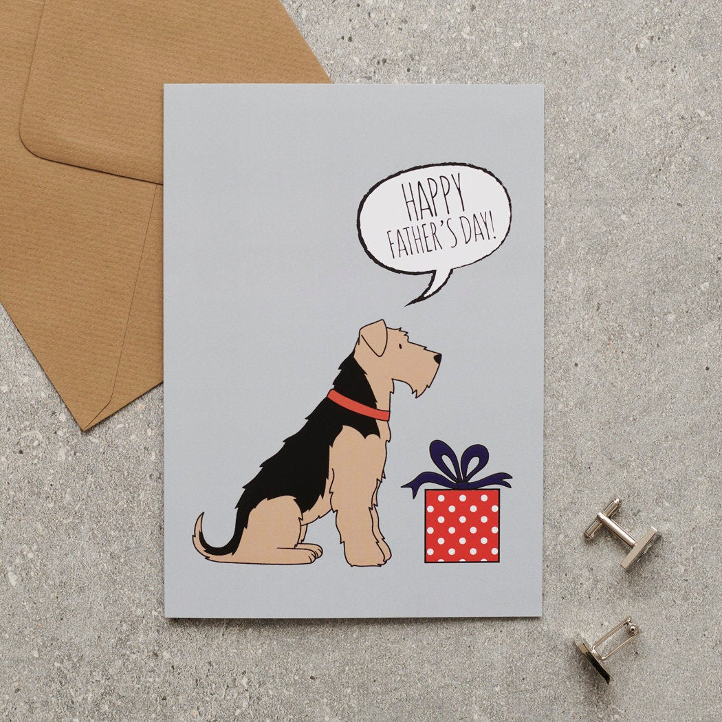 Airedale Terrier Father's Day card — illustrated dog with gift and 'Happy Father's Day' message, dog lover gift by Sweet William Designs