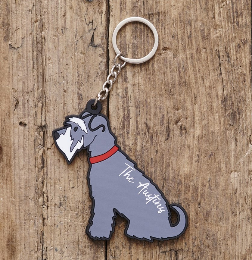 Grey Schnauzer keyring on bag — personalised dog lover gift by Sweet William Designs