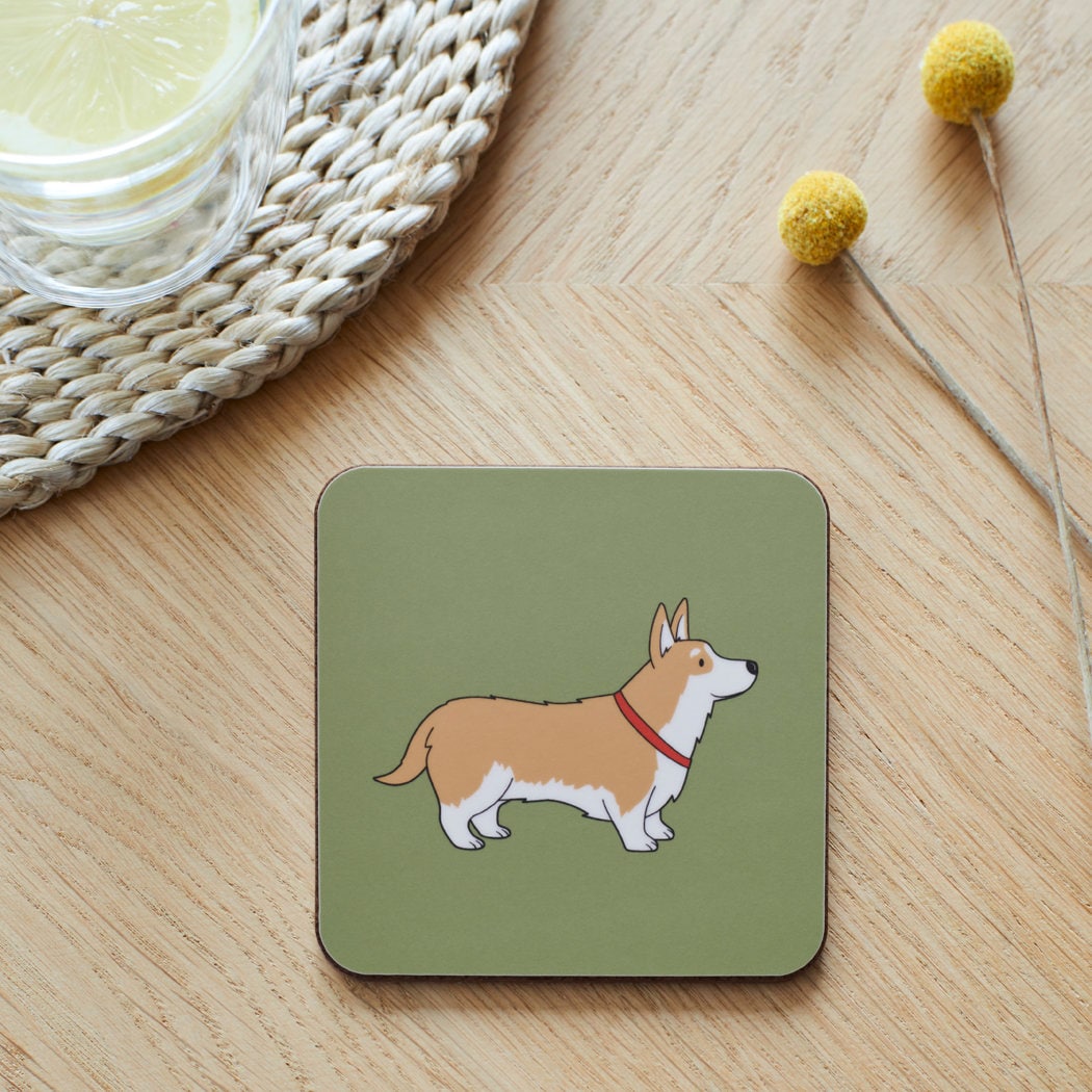 Close-up of Corgi coaster — sustainably sourced eucalyptus wood with cork backing, heat-resistant and easy to wipe clean 