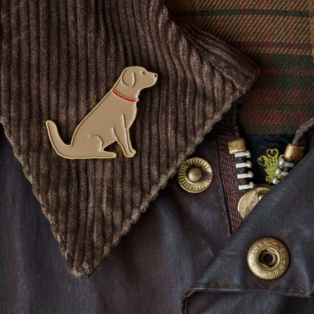 Golden Retriever enamel pin styled on a corduroy jacket collar — gold-plated dog pin, perfect gift for dog lovers