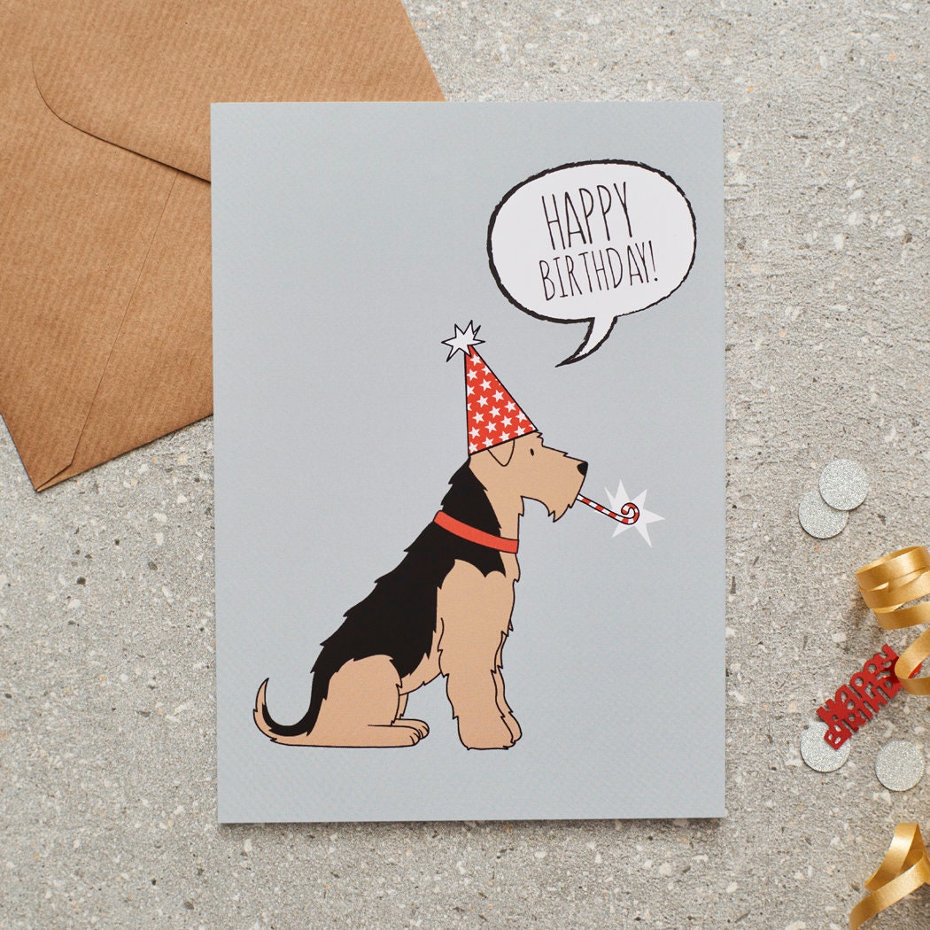 Airedale / Lakeland / Welsh Terrier birthday card with illustrated dog design — blank inside, FSC-certified, designed and made in England by Sweet William Designs