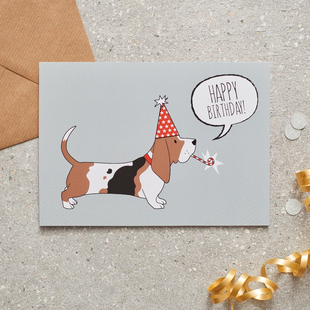 Basset Hound birthday card with illustrated dog design — blank inside, FSC-certified, designed and made in England by Sweet William Designs